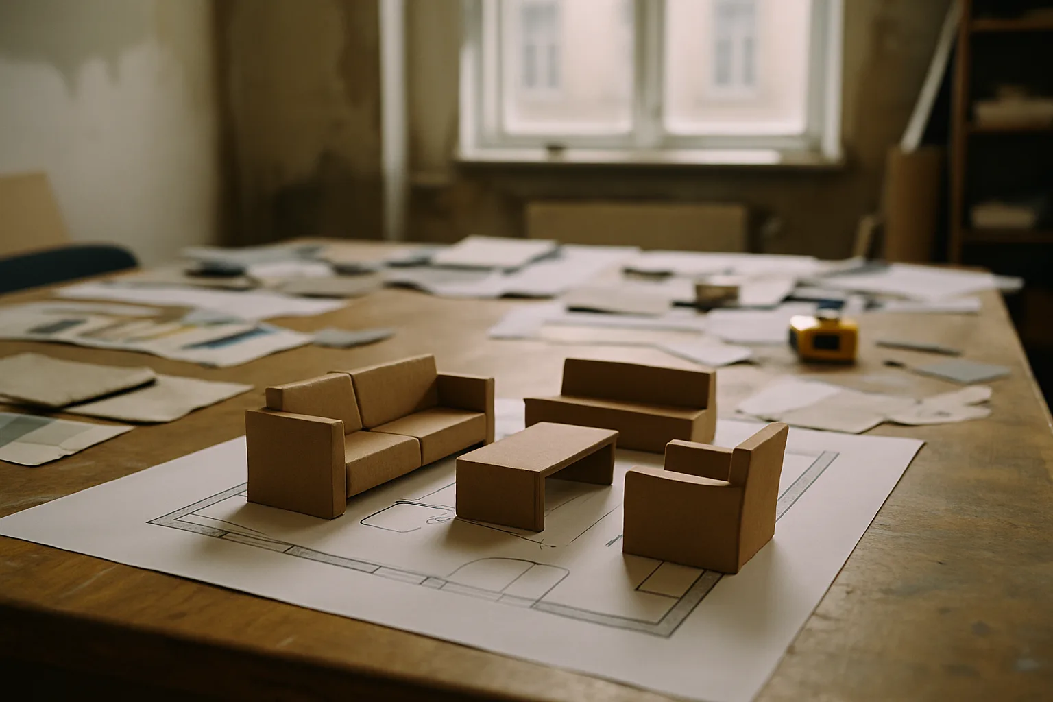 Tile, timber and paint samples on the desk